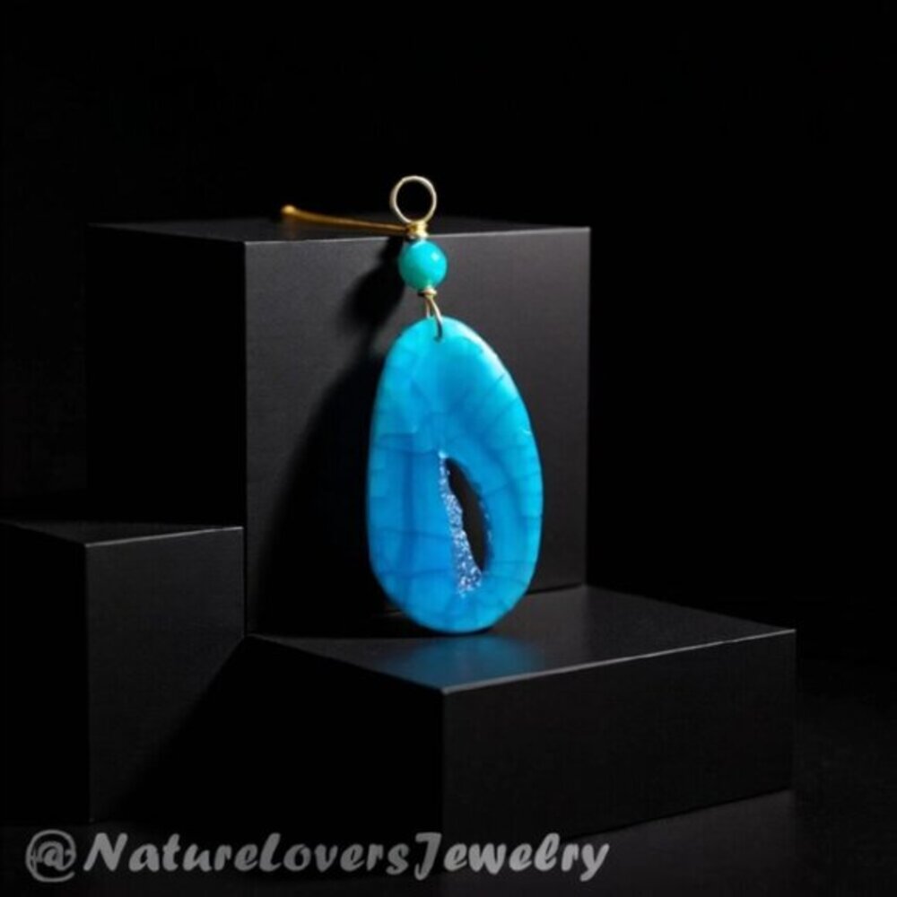 Blue Agate Geode Slice with Sugar Crystal Rim - Pendant - Azure & Ocean Blues